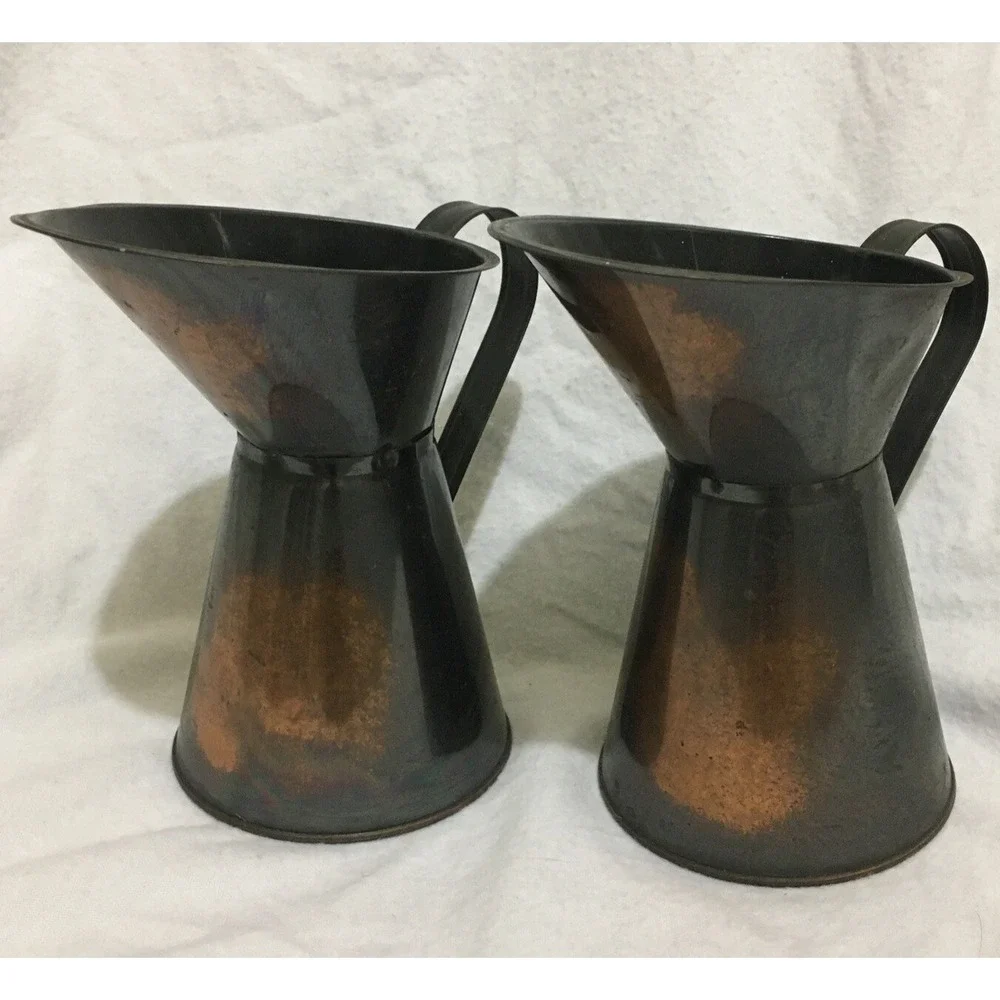 Vintage Rustic Copper and Brass Pitchers Primitive Patina Farmhouse Decor